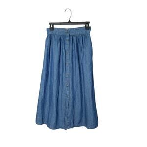 90s Style Denim Midi Button Front 100% Cotton Size Small Elastic Waist